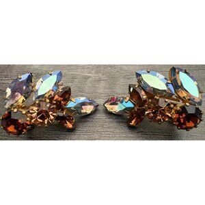 Vintage Aurora Borealis & Amber Rhinestone Clip-On Earrings Made In Austria